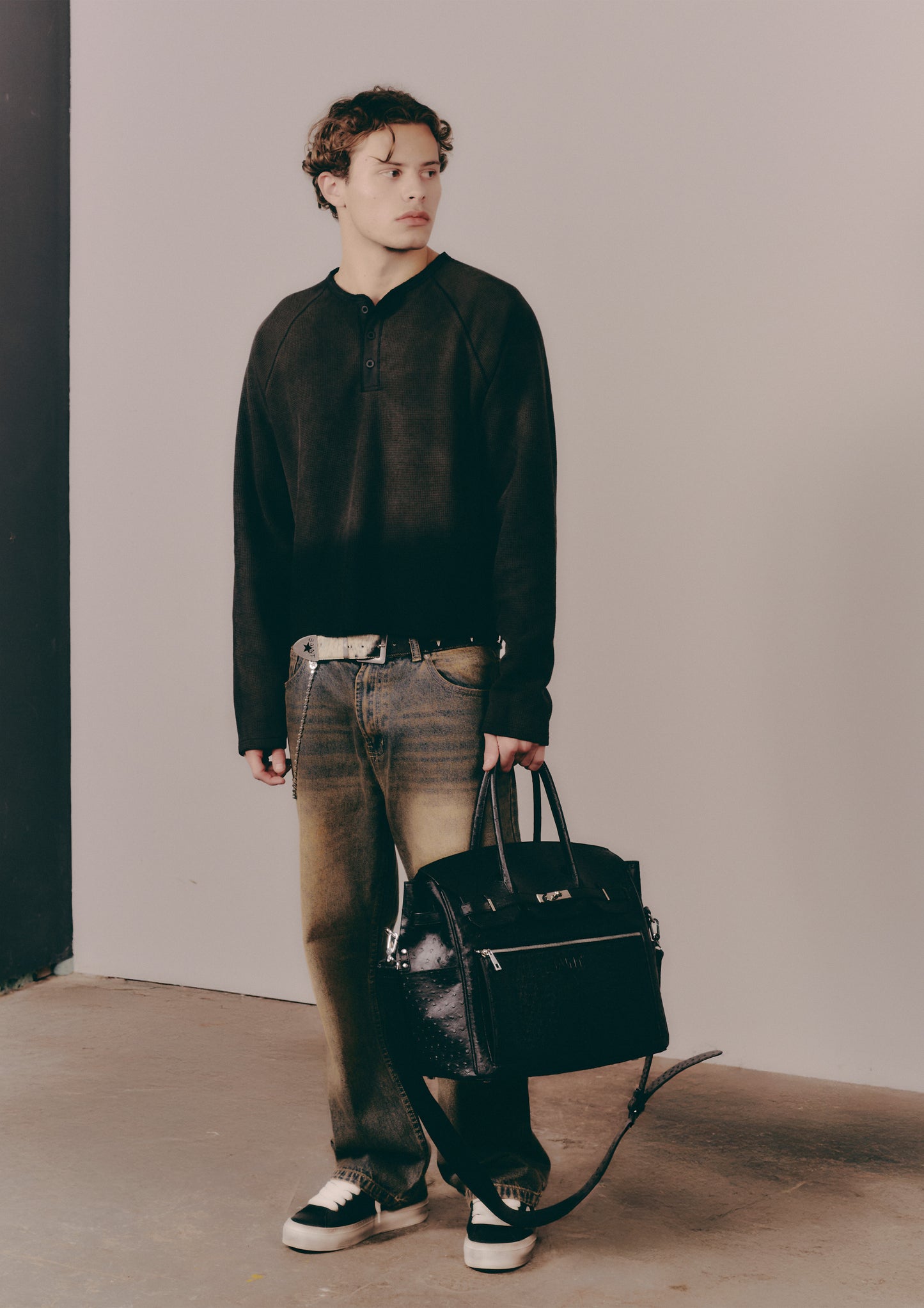 Henley Waffle Tee - Faded Black