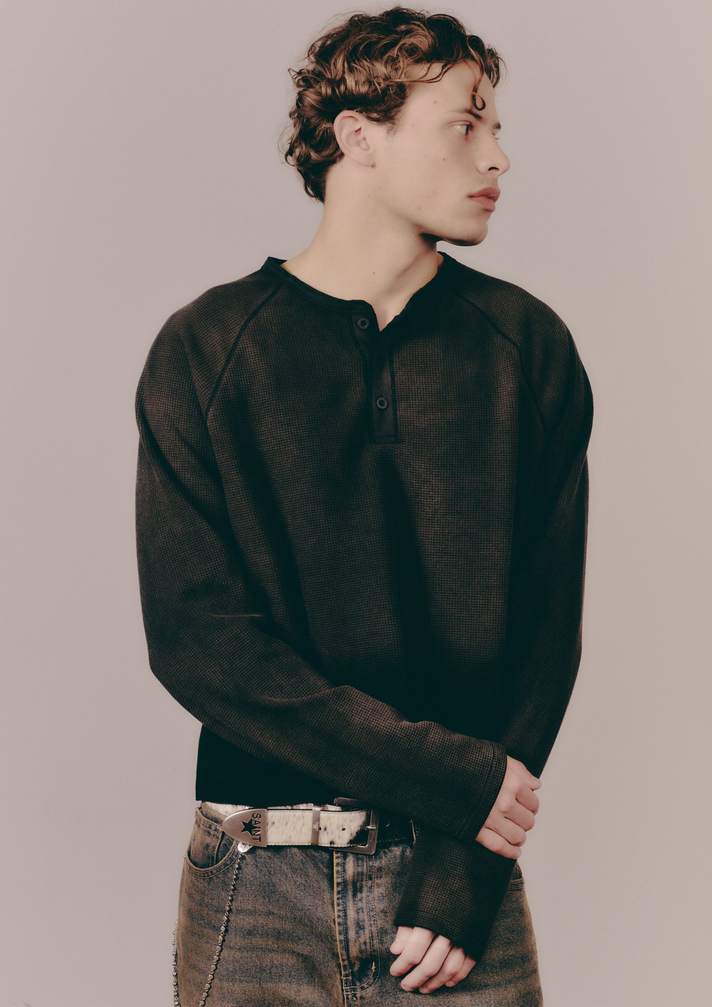 Henley Waffle Tee - Faded Black